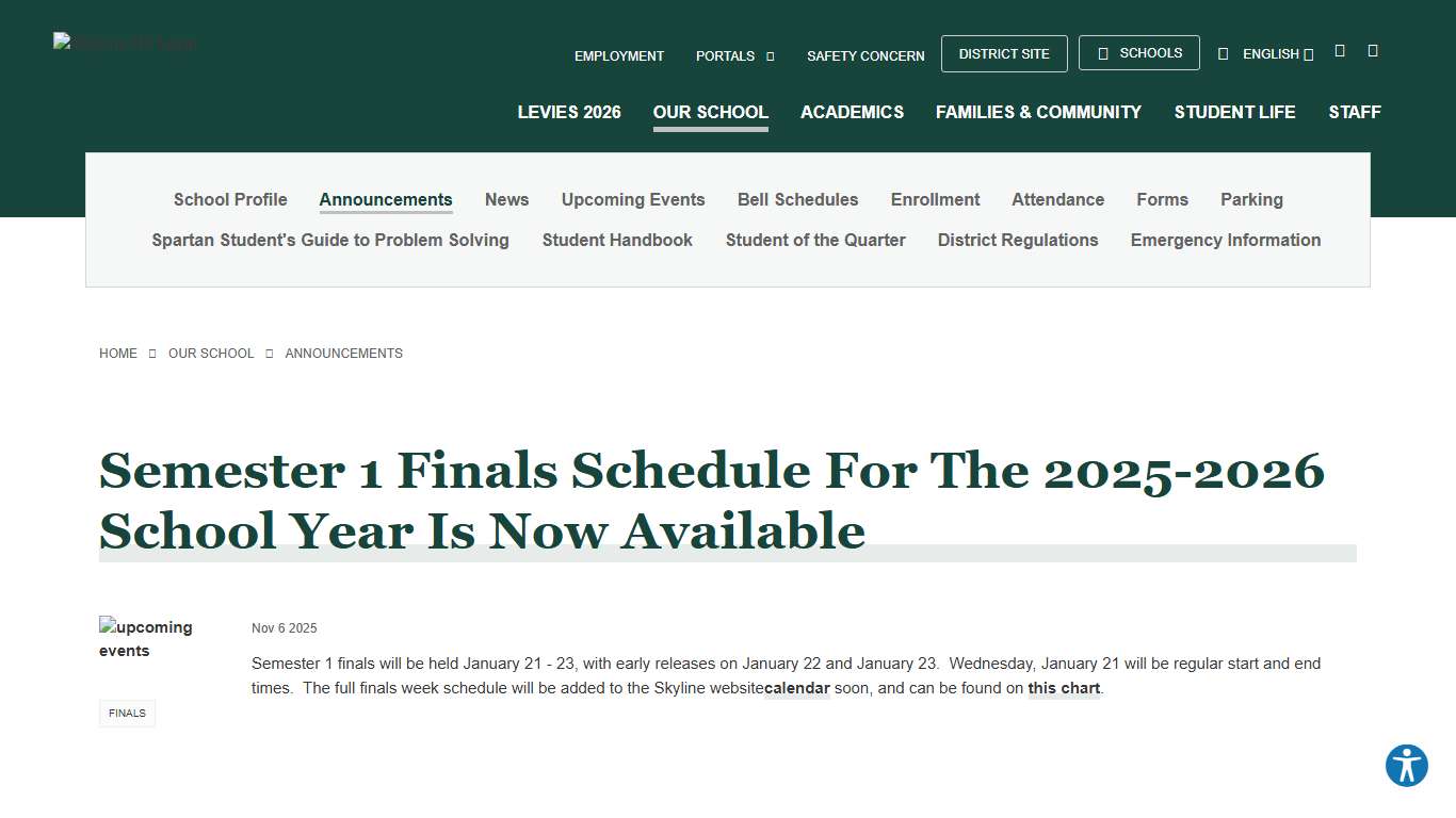 Semester 1 Finals Schedule For The 2025-2026 School Year Is Now Available Single Announcement - Skyline High School