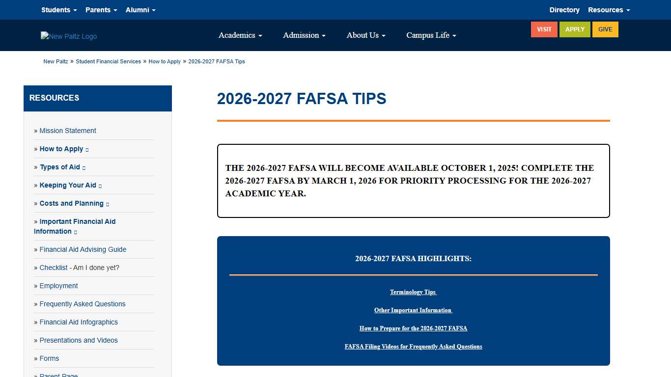 2026-2027 FAFSA Tips SUNY New Paltz