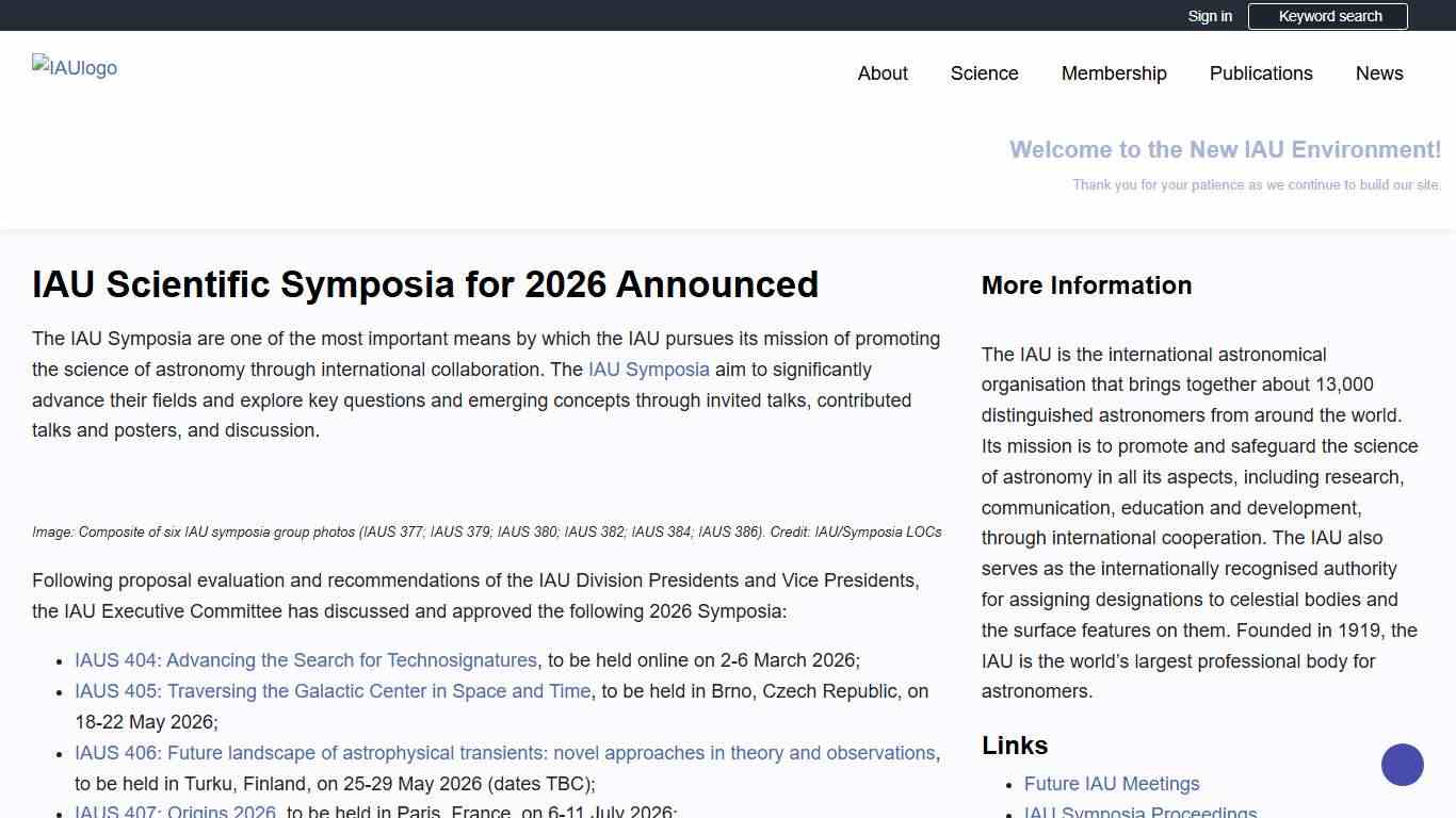 IAU Scientific Symposia for 2026 Announced